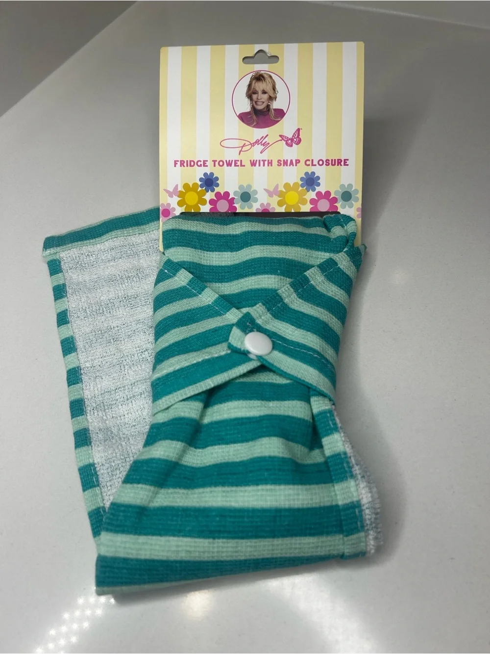 NWT Dolly Parton Striped Teal Snap-Closure Towel with Butterfly Embroidery